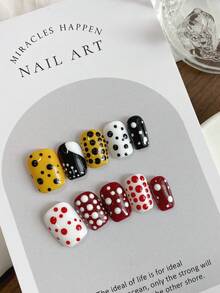 10 Pieces Of Short Press-On Nails, Summer Nail Art, Beautiful Fake Nails, Diy, Halloween, Colorful Polka Dot Pattern White Nails Red Nails Black Yellow Nails, Reusable Nail Accessories For Girls, Ladies In Wedding, Party, Holiday Scenes, Gift A Set Of Nail Kit Nail Supplies Nails - Multicolor - View 2