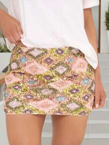 Sparkle In Style: Women's Summer Mini Skirts Sequins Geometric Pattern Skirt Perfect For Daily Wear, Travel Adventures,  Party Vibes - 粉色 - 查看 2