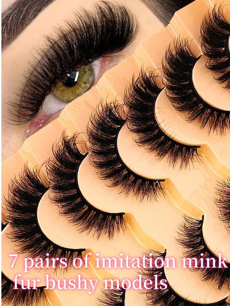 7片/套 短款3D水貂毛假睫毛，俄式DD卷度，手工制作，自然蓬松浓密，整条假睫毛，批发化妆品 - 黑色 - 查看 1