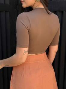 Cropped Blouse Short Sleeve Polyamide Suplex Round Neck Mia - Rust Brown - View 2
