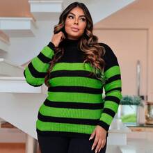 Plus Size Cold Knit Cacharrel Blouse With Thick Stripes And High Neck For Women - Negro y verde - Ver 3