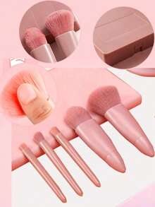 1 Set Convenient Makeup Brush Kit, Includes Makeup Mirror, 5 Plastic Handle Brushes, Comfortable Grip, Soft Foundation Brush, Powder Brush, Blending Brush, Eyeshadow Brush, Lip Brush, Suitable For Delicate Skin, Compact & Elegant Makeup Tools, Gift For Girls, Makeup Brush Set, Makeup Brush Set, Makeup Brush Set, Complete Makeup Brush Set, Makeup Brush Set, Complete Makeup Tool Set, Makeup Brush Set, Makeup Brush Gift Set - Baby Pink - View 3