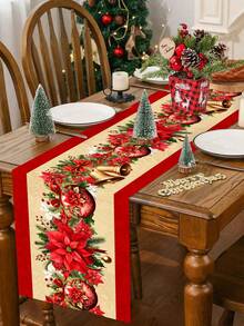 1pc 35*180cm/13.78*70.87inch Christmas Table Runner, Holiday Fabric Decor Tablecloth, Red Christmas Flower, Christmas Ball & Bell Pattern Long Rectangular Tabletop Cloth, Suitable For Christmas Home Decor - Christmas - View 3