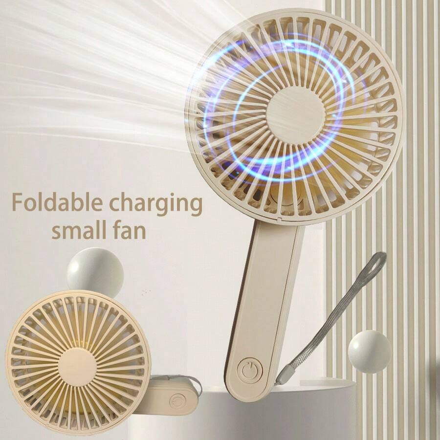 1 pieza Abanico plegable de mano con cordón, ventilador mini portátil recargable USB beige con 3 ajustes de velocidad, ventilador personal potente para escritorio para mujeres, hombres, hogar, oficina, maquillaje, viajes al aire libre, silencioso - Blanco - Ver 1
