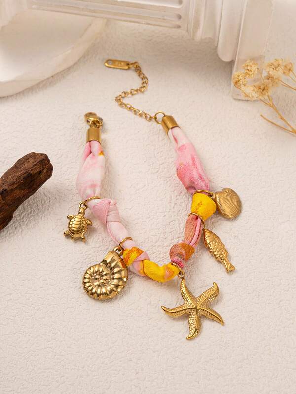 1 pièce Nouveau collier de mode bohème pour vacances à la plage, coloré avec ruban, coquillage, petit poisson, étoile de mer. Plaqué or 18 carats, ne s'oxyde pas facilement. Convient pour les épouses et les mères à porter, idéal pour les fêtes de vacances à la plage et les festivals de musique. Bijoux pour femmes.