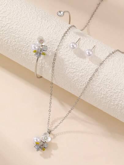 4件套女孩珍珠花朵钻石项链手链耳环首饰套装，适合青少年日常、度假、节日礼物