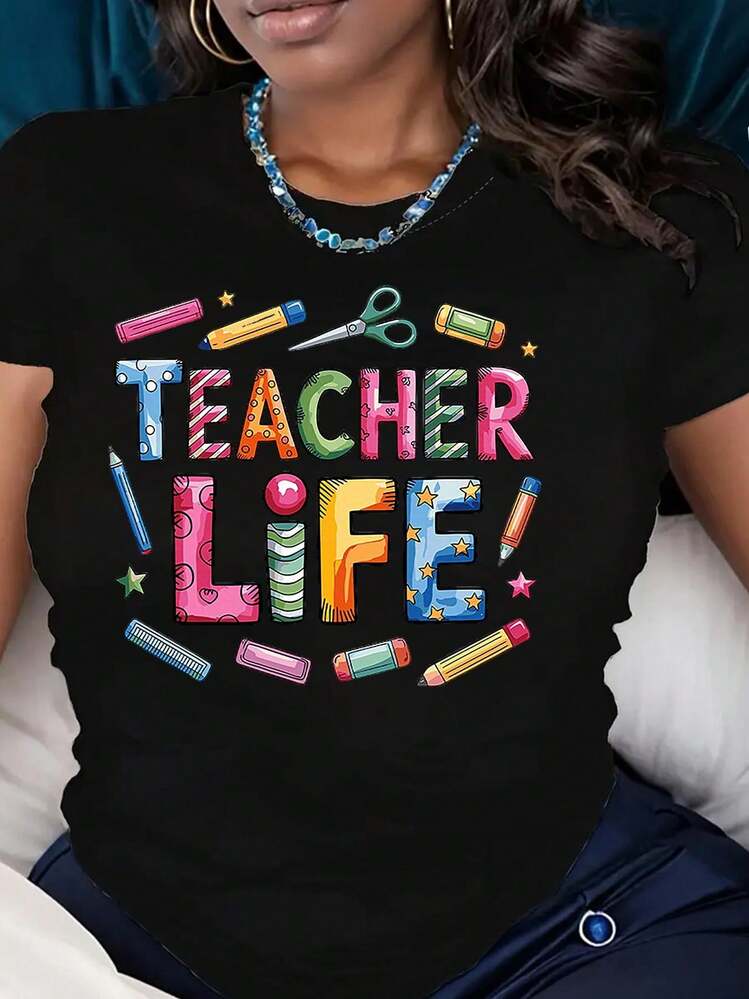 Women's T-Shirts - Teacher's Day Theme Pink Bow Pencil And Flower Pattern Casual Short-Sleeved Round Neck Tops Fun Printed Teacher Outfit - Black 1 - View 1