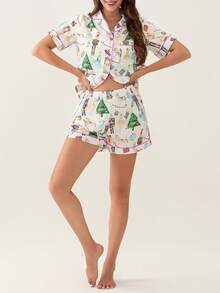 Christmas Pajamas Shorts Set For Women Santa Claus Pjs Button Up Shirt+Shorts 2 Piece Xmas Jammies Loungewear - Green - View 5