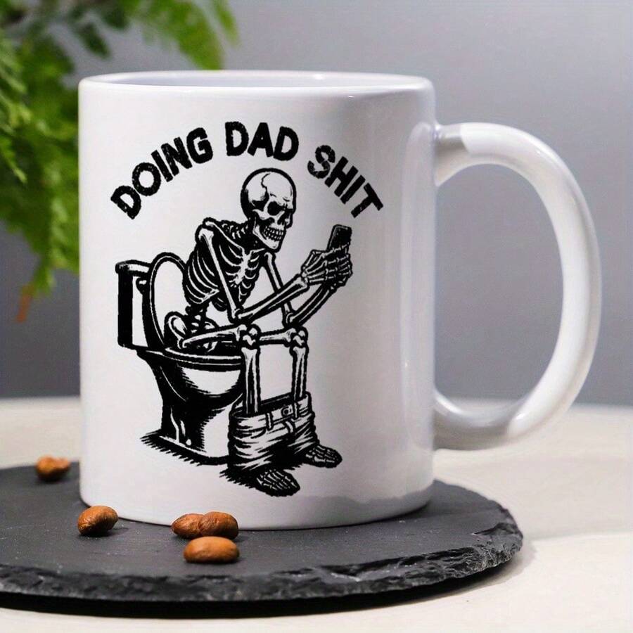 1 Piece Funny Skull 'Doing Dad Things' 11oz Ceramic Coffee Mug - Humorous Skeleton Design, Perfect Gift For Father's Day, Birthday, Christmas, Halloween, Thanksgiving, Etc - Black Handle Cup - View 1