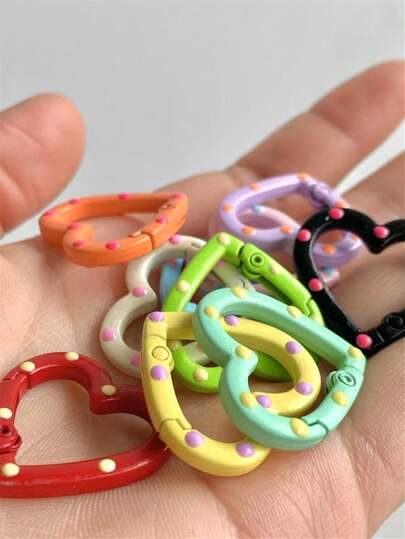 5pcs/10pcs Random Color Hand-Painted Heart Enameled Spring Clasp Keychain, DIY Keyring Bag Pendant Accessories