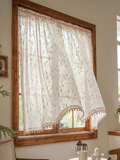 1pc French White Embossed Floral Voile Curtain, Rod Pocket Design, Lightweight & Fashionable, Suitable For Various Occasions Decoration, Accented With Yellow Pom Poms - Soft, Lightweight Polyester, Easy Care, For Kitchen, Cabinet, Door And Farmhouse Window Decor