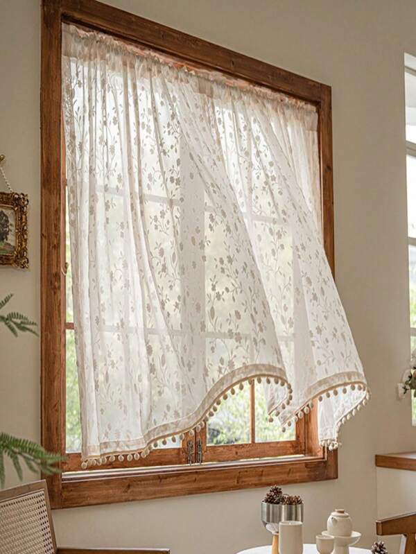 1pc French White Embossed Floral Voile Curtain, Rod Pocket Design, Lightweight & Fashionable, Suitable For Various Occasions Decoration, Accented With Yellow Pom Poms - Soft, Lightweight Polyester, Easy Care, For Kitchen, Cabinet, Door And Farmhouse Window Decor