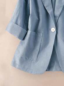 女士休闲亚麻七分袖西装外套，春秋装 - 霧霾藍 - 查看 5