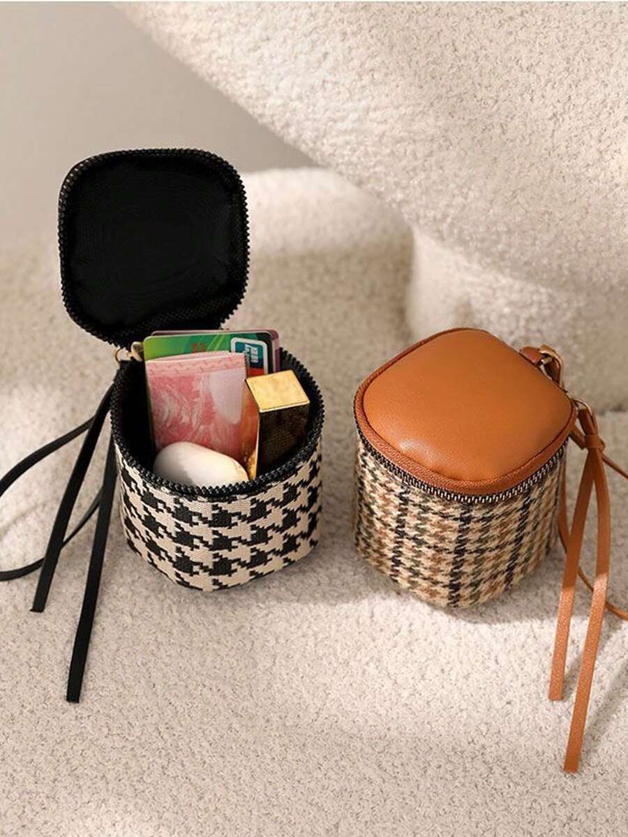 Túi đựng tai nghe bằng da mềm họa tiết răng cưa, ví đựng tiền xu mini thanh lịch có khóa kéo, túi đựng son môi và mỹ phẩm hình xô, túi nhỏ cầm tay đa năng. - Nhiều màu - Xem 1