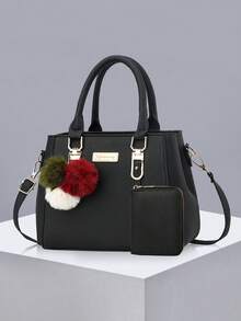 简约纯色双层大容量PU皮毛球装饰带钱包女士手提包，商务休闲女士单肩手提包，适合女性、职场新人和白领人士的母亲节礼物，非常适合工作、商务、通勤、上学