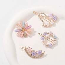 4pcs/Set Daisy Print Bangs Clips (Random Colors), Claw Clips, Hair Claws, Clips For Hair, Hair Slide, Hair Barrettes, School Stuff - Multicolor - View 4