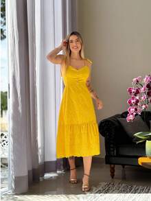 MIDI DRESS WITH TIES ON THE LAISE STRAPS - Yellow - View 3