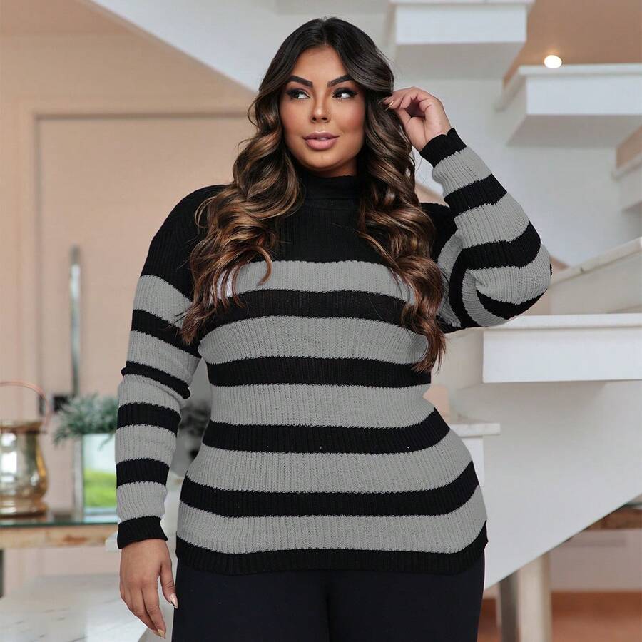 Plus Size Cold Knit Cacharrel Blouse With Thick Stripes And High Neck For Women - Black and Graphite - View 1