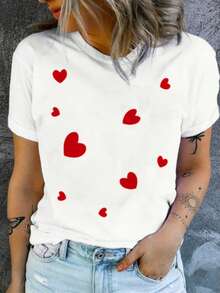Women's Round Neck T-Shirt With Red Heart Print, Fashion Women's T-Shirt With Red Heart Print, Casual Short Sleeve T-Shirt, Promotion Women's Top, Comfort For All Seasons - 白色 - 查看 2