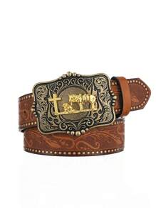 1 件男士波西米亚西部牛仔马扣复古深棕色 PU 皮带，适合所有季节秋季、秋季、万圣节秋冬配饰，适合青少年、青年、男士、休闲、户外、运动、度假、毕业礼物、生日、日常穿着