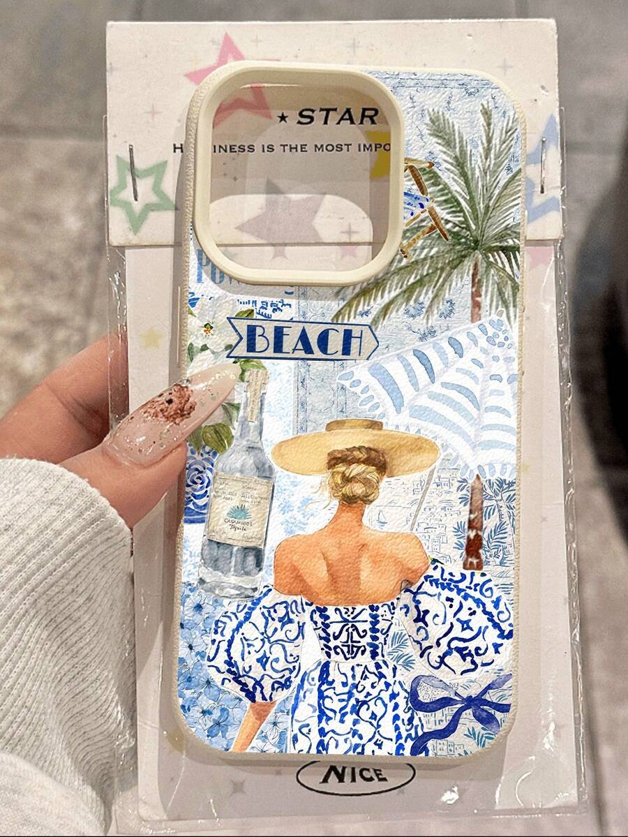 1 pièce Nouvelle étui de téléphone portable antichute, antidérapant, doux, avec motif floral bleu vue arrière et texture de litchi, compatible avec Apple et autres téléphones, version internationale, résistant à l'eau, aux chocs et aux rayures - Multicolore - Voir 1