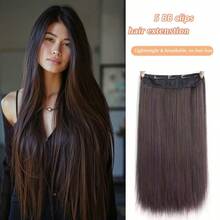 28 英寸长直发合成接发，隐形无缝蓬松夹式假发，女士适用，耐热纤维材质，可加热拉伸 - 彩色 - 查看 12