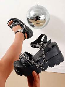 Y2k Women'S Platform Sandals Wedges High Heels Fashion Gothic Spider Metal Decor Punk Thick Bottom Spider Web Embroidery Cross Chain Detail Ankle Strap Summer Sandals Women - 黑色 - 查看 2