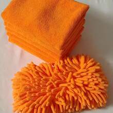 6pcs Set Of Extra Thick Extra Large Chenille Car Wash Sponges And Towels, Includes 1 Cleaning Sponge With Glove And 5 Soft Super Absorbent Microfiber Towels - Super Absorbent, Scratch-Free And Reusable - For Car, Home And Kitchen
