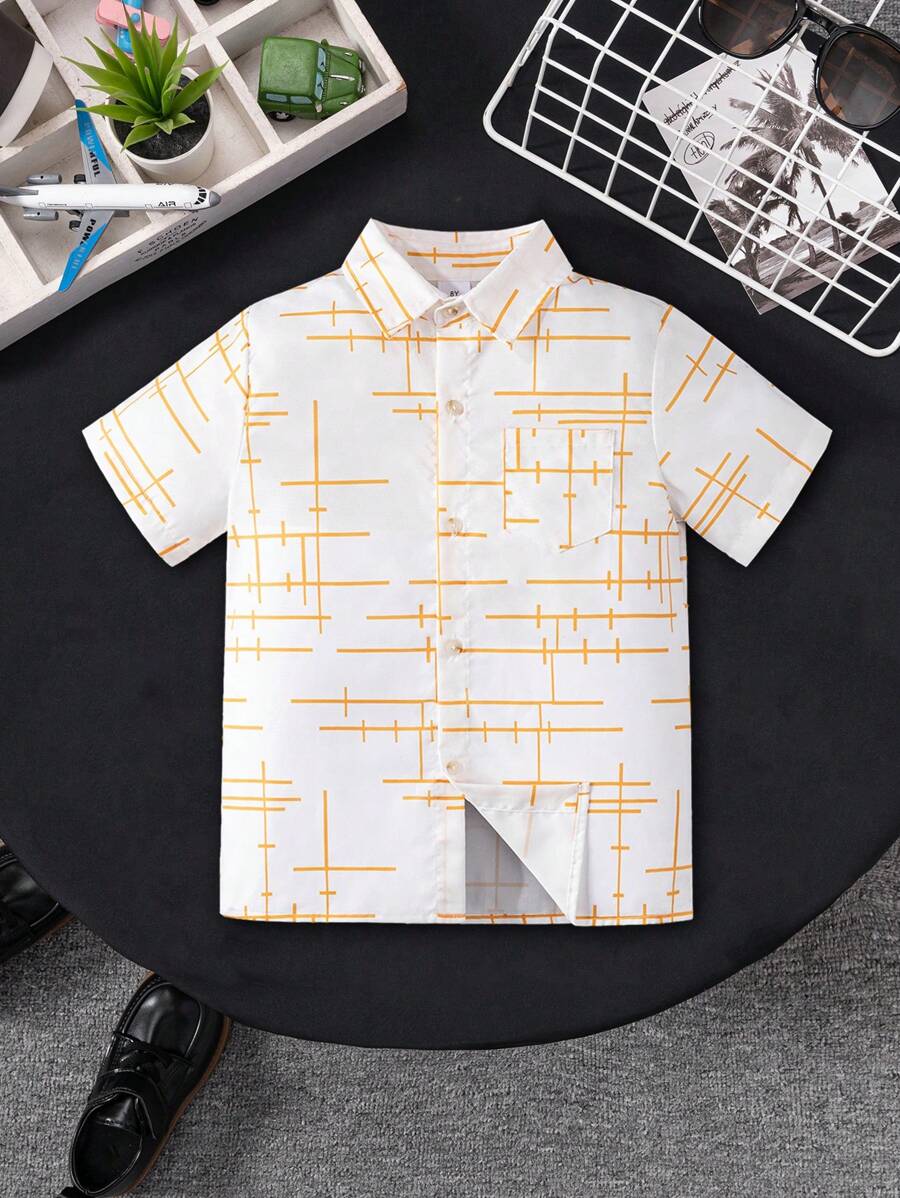 Boys' & Toddler Boys' Casual Abstract Line Art Pocket Decor White Short Sleeve Polo Shirt, Suitable For Formal Events Like School, Party, Pageant - White - View 1