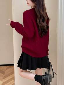 Alicedudu Damen minimalistische Lässig Pullover Sweater mit Buchstaben Patch und Flechtmuster, Herbst/Winter