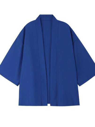 Black Blue Men's Japanese Kimono Shirts Casual Open Stitch Lightweight Yukata Haori Fashion Blue Cardigan 3/4 Sleeve Outwear For Summer Vacation Beach Cover For Men Women Unisex Home Wear