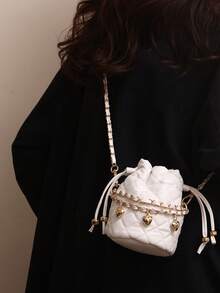 Solid Color Fashionable Rhombus Mini Drawstring Bucket PU Commuter Elegant Shoulder Bag For Women - Beige - View 3