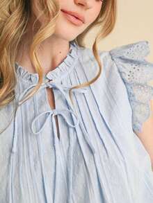 Women Flutter Sleeve Eyelet Shirt Casual Boho Crew Neck Peplum Blouse Tops Summer Y2k Babydoll Tank Top - 藍色 - 查看 6