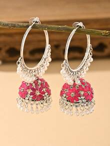 一对时尚迷人的水晶花朵吊坠耳环，宝莱坞风格仿珍珠吊坠首饰，优雅的传统巴基斯坦吉姆卡耳环，适合女性日常、节日、婚礼、派对佩戴，也是一份珍贵的珠宝礼物。