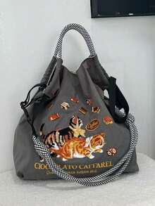 1pc New Fashion Embroidered Cute Cat Pattern Lightweight Nylon Large Capacity Tote Bag, Suitable For Party, Travel, Shopping And Beach, Shoulder & Crossbody