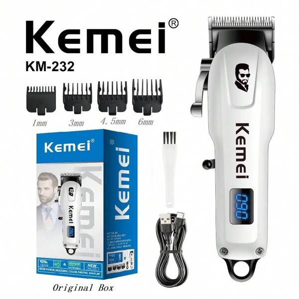 Kemei Recortadora de cabello KM-232 para hombres, recortadora de cabello/barba eléctrica inalámbrica recargable profesional para hombres, kit de corte de cabello propio con ruido bajo para uso doméstico, cortadora de barba ajustable con pantalla LCD