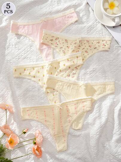 5Pcs Women's Soft Thong - Cute Flower And Bow Decorations, Pink, Apricot And Floral Prints, Comfortable Casual Outfits, Sweet And Simple Style, Women's Lingerie, Playful Bow Details, Gentle And Comfortable, High-Quality Fabrics