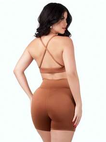 Work Fitness Kit 2 Set Bare Back Top With Cross Straps And Bermuda Shorts Basic Premium - Blue and Caramel - View 3