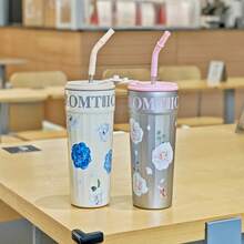 1pc Fashionable Women's Stainless Steel Straw Cup, Portable Vacuum Insulated Beverage Cup, Elegant Floral Drink Cup Gift