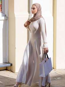 1 Piece Of Fashionable Women's Clothing Two-Color Contrast Gradient Style Long Dress, Soft Spring Tones Long Sleeve Cuffs Middle Eastern Dress Abaya