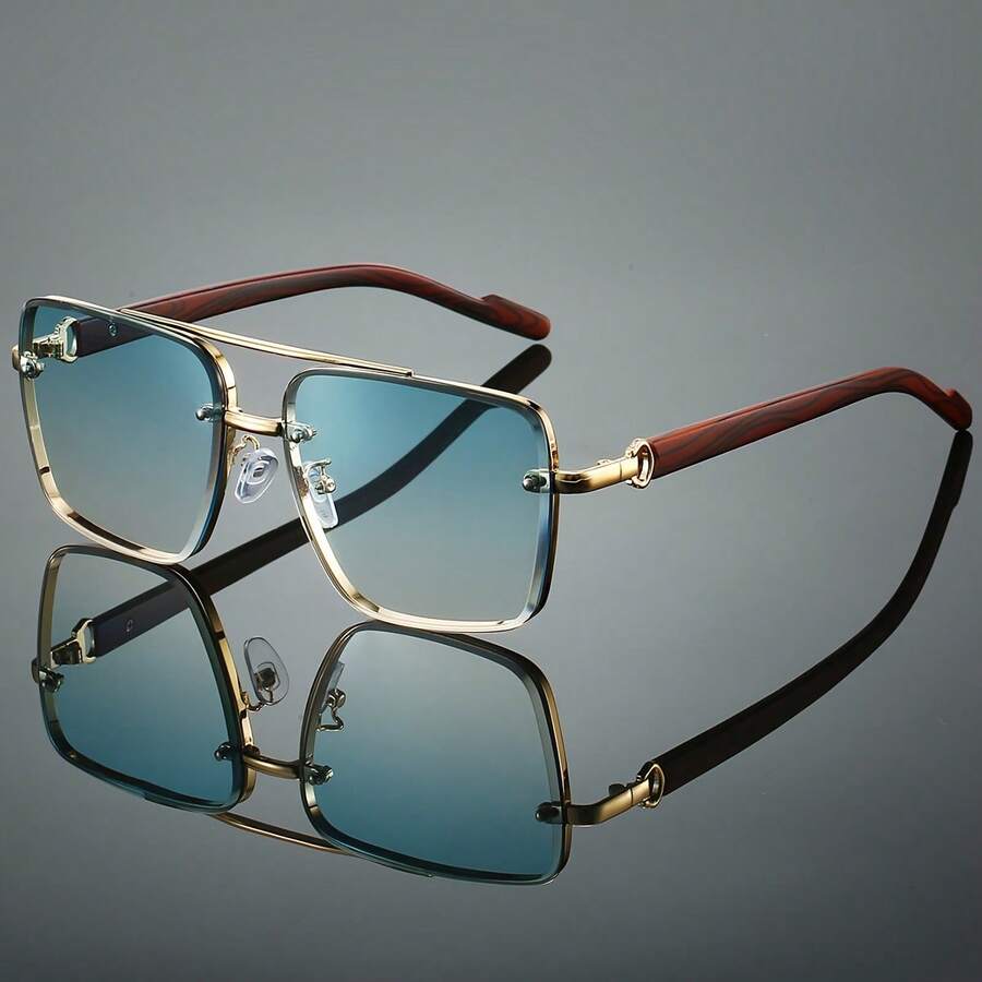 1 Pair Of Wood Grain Mirror Leg Glasses, Suitable Men And Women, Daily Wear, Square Fashion Double Bridge Design, Retro Wood Grain Texture, Driving, Travel, Street Photography And Festival Gifts, Travel Accessories, Style, Durable Frame, Fashionable Style, Essential Photographers And Trendsetters, Designer-Level Glasses - 金黑灰色 - 查看 1
