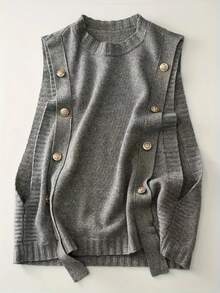 休闲简约欧美风百搭优雅成熟时尚无袖纽扣圆领针织背心，适合大码年轻女性，纯色