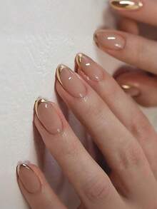 24片中号杏仁形美甲贴纸，金色法式美甲贴片，亮面全覆盖，简约风格，适合女性和女孩日常佩戴，夏季美甲用品 - 彩色 - 查看 2
