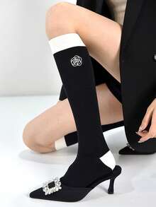1双/2双 法式刺绣山茶花图案过膝袜，黑白配色，Y2K风格，舒适