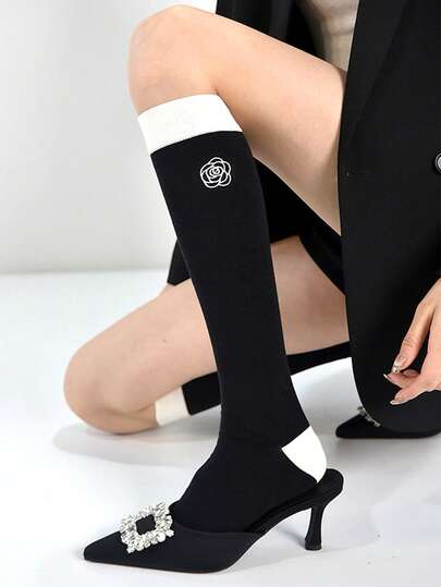 1双/2双 法式刺绣山茶花图案过膝袜，黑白配色，Y2K风格，舒适