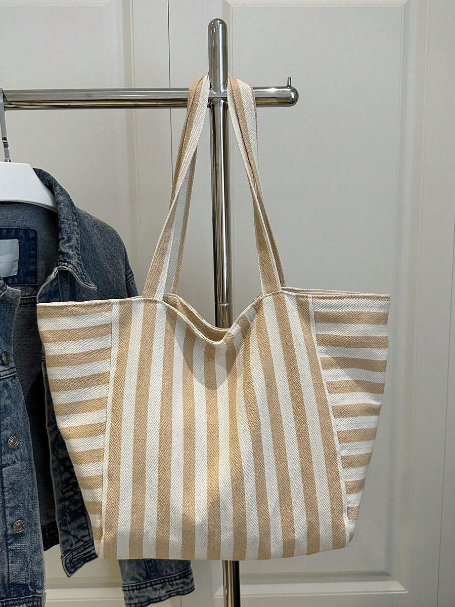 时尚复古条纹帆布手提包，大容量，用途广泛，是工作、上学或户外活动的理想之选，可用作背包、帆布包或沙滩包。