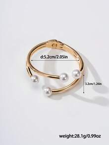 1 Pc Luxe Dome Cuff Bracelet , Faux Pearl Decor Chunky Metal Bangles Set , Hinged Design Metal Cuffs Bangles Jewelry For Daily Wear , Golden Color Metal Bracelets - Gold - View 4