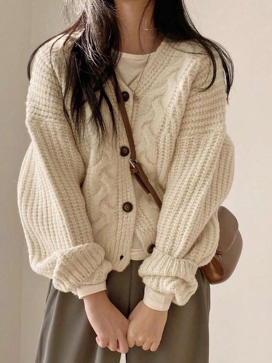 JIANHU Women's Vintage Chunky Knit Cardigan For Fall & Winter - Button Front, Long Sleeve, Perfect For Valentine's Day And Beyond,Long Sleeve Tops - Apricot - View 1