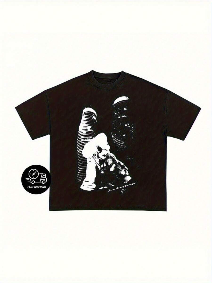 Front Drake "PARTNEXTDOOR 4U" Pattern Print Round Collar Short Sleeve T-Shirt Top Comfortable Breathable Fabric Quiet Sports Style Men's 100% Cotton Street Wear T-Shirt (Choose A Larger Size To Get A Looser Effect)