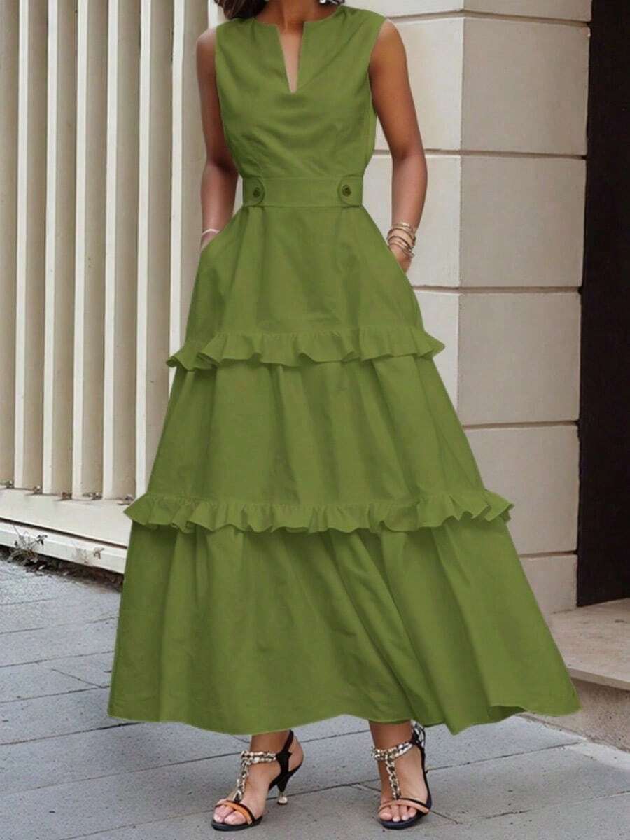 2025 Stylish Tiered Ruffle Dress For Women V-Neck Sleeveless High Waist A-Line Party Dress - Green - View 1